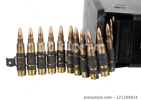 5.56 mm ammunition belt with cartridges in ammunition box 5.56 mm ammunition belt with cartridges in ammunition box 121269824