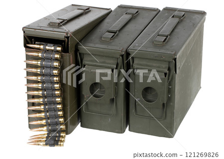 ammunition belts with cartridges in ammunition boxes 121269826