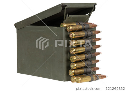 .50 BMG caliber machine gun ammunition belt with cartridges in ammunition can. 121269832