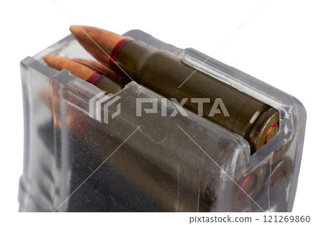 Gun magazine made of transparent plastic for Kalashnikov ak 47 assault rifle. Gun magazine made of transparent plastic for Kalashnikov ak 47 assault rifle. 121269860