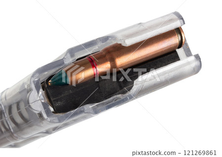 Gun magazine made of transparent plastic for Kalashnikov ak 47 assault rifle. Gun magazine made of transparent plastic for Kalashnikov ak 47 assault rifle. 121269861