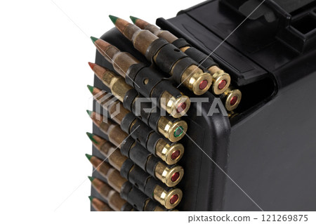 5.56 mm ammunition belt with cartridges in ammunition box 5.56 mm ammunition belt with cartridges in ammunition box 121269875