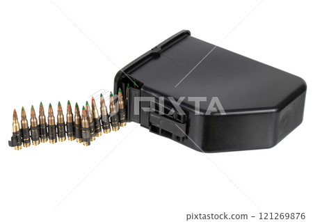 5.56 mm ammunition belt with cartridges in ammunition box 5.56 mm ammunition belt with cartridges in ammunition box 121269876