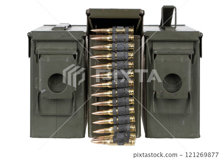 ammunition belts with cartridges in ammunition boxes 121269877
