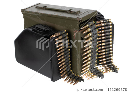 ammunition belts with cartridges in ammunition boxes 121269878