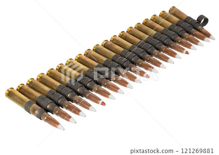 .50 BMG caliber machine gun ammunition belt with cartridges. 121269881