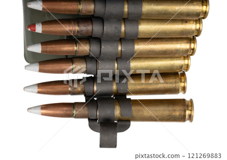 .50 BMG caliber machine gun ammunition belt with cartridges in ammunition can. .50 BMG caliber machine gun ammunition belt with cartridges in ammunition can. 121269883
