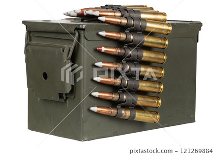 .50 BMG caliber machine gun ammunition belt with cartridges in ammunition can. 121269884