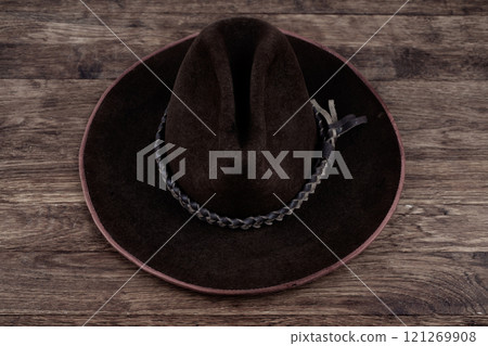 Old west hat on table. Top view. 121269908