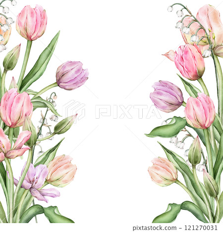 Square Frame with pastel pink light yellow violet Tulips and white lily of the valley. Hand drawn watercolor illustration delicate perennial bulbous flower for wedding design or spring card isolated. Square Frame with pastel pink light yellow violet Tulips and white lily of the valley. Hand drawn watercolor illustration delicate perennial bulbous flower for wedding design or spring card isolated. 121270031