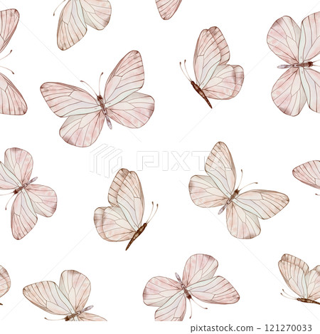 Seamless pattern with Pastel beige and coral butterflies in vintage style on a isolated background. Watercolor illustration for fabric,textiles, wallpaper, wrapping paper, covers, prints, clothing. Seamless pattern with Pastel beige and coral butterflies in vintage style on a isolated background. Watercolor illustration for fabric,textiles, wallpaper, wrapping paper, covers, prints, clothing. 121270033