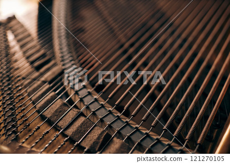Top view detail shot of intricate piano strings inside classic grand piano in warm natural light, copy space 121270105