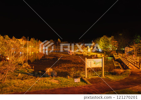 Illuminated autumn leaves starting to change color on the Chausuyama Plateau and trees reflected on the water at Yahazu Pond (Aichi Prefecture) Illuminated autumn leaves starting to change color on the Chausuyama Plateau and trees reflected on the water at Yahazu Pond (Aichi Prefecture) 121270201