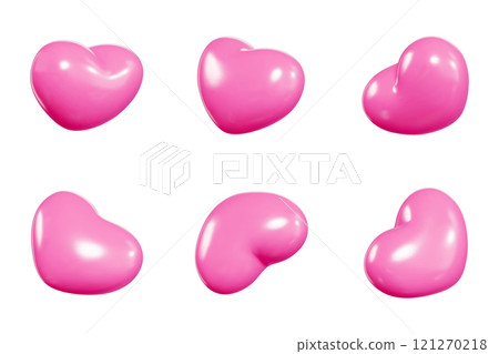 Pink heart shaped balloons shown from different angles highlighting shiny surface texture. 3D vector decorative element for romantic event, Valentine day celebration, festive party design. 121270218