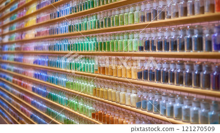 Bottles displayed on a shelf Bottles displayed on a shelf 121270509