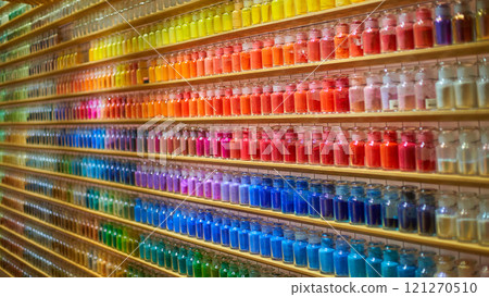 Bottles displayed on a shelf Bottles displayed on a shelf 121270510
