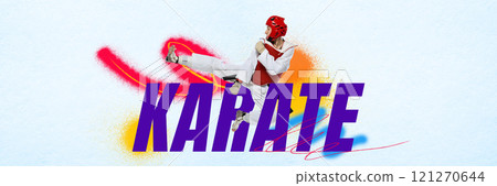 Dynamic image of young sportive woman, karateka in white kimono and red protective helmet in motion against white background with bold typography and colorful elements. Dynamic image of young sportive woman, karateka in white kimono and red protective helmet in motion against white background with bold typography and colorful elements. 121270644