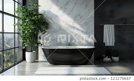Luxury black and white bathroom, modern shower interior design, elegant hotel style home spa 121270687