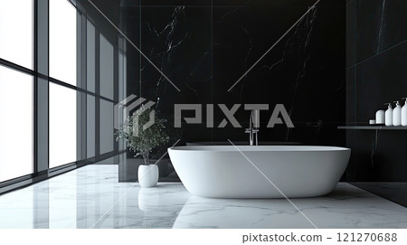 Luxury black and white bathroom, modern shower interior design, elegant hotel style home spa 121270688