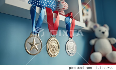 macro advertising studio shot of 3 marathon medals hanging on a shelf in a child's bedroom. 121270690