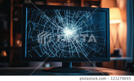Monitor with cracked glass, TV screen displaying damage pattern, broken display effect on computer Monitor with cracked glass, TV screen displaying damage pattern, broken display effect on computer 121270693