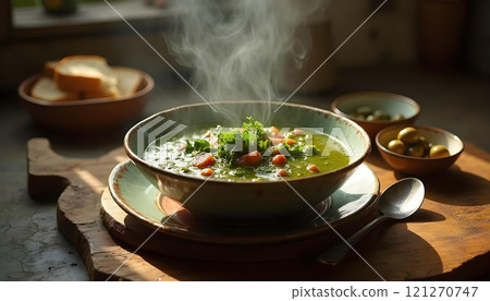 A bowl of green Caldo Verde soup with potatoes, herbs, and a slice of bread on a wooden surface 121270747