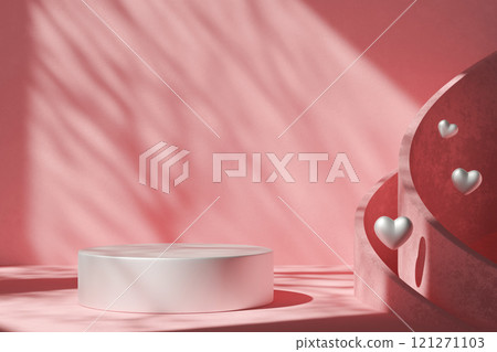 Elegant Valentine's Day product display with soft pink background, dramatic shadows, minimalistic podium and silver hearts. Perfect for luxury product showcases, romantic themes, creative advertising. Elegant Valentine's Day product display with soft pink background, dramatic shadows, minimalistic podium and silver hearts. Perfect for luxury product showcases, romantic themes, creative advertising. 121271103