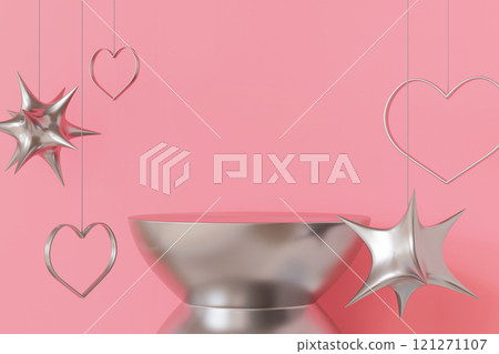 Elegant Valentine's Day product display with metallic podium, chrome stars and heart-shaped decorations hanging on pink background. Ideal for romantic-themed advertising, product showcasing. 3D. Elegant Valentine's Day product display with metallic podium, chrome stars and heart-shaped decorations hanging on pink background. Ideal for romantic-themed advertising, product showcasing. 3D. 121271107