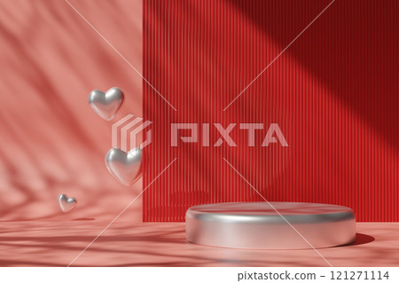 Modern Valentine's Day product display with metallic podium and silver hearts on soft pink background, complemented by bold red textured panel. Perfect for romantic product promotion, luxury showcases 121271114