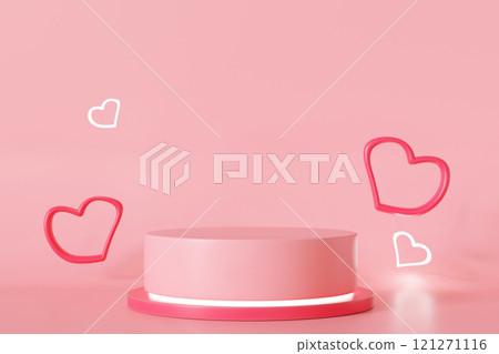 Pink podium with levitating hearts. Valentine's Day, Mother's Day, Wedding. Podium for product, cosmetic presentation. Mock up. Pedestal or platform for beauty products. Stage with copy space. 3D. 121271116