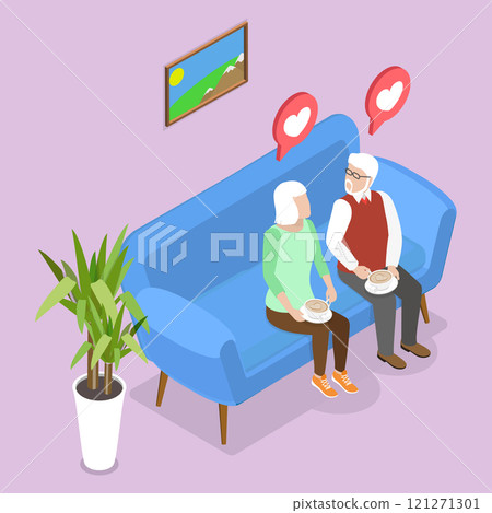 3D Isometric Flat Vector Illustration of Chatting Senior Couple , Family Spending Time 121271301