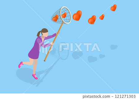 3D Isometric Flat Vector Illustration of Chasing For Love, In Search Of Love And Romance Ideals 3D Isometric Flat Vector Illustration of Chasing For Love, In Search Of Love And Romance Ideals 121271303