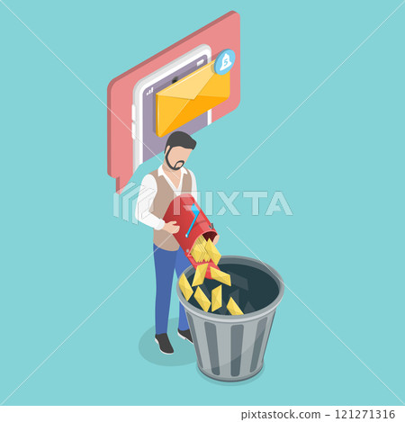 3D Isometric Flat Vector Illustration of Deleting Spam, Spam And Unnecessary Emails Disposal 121271316