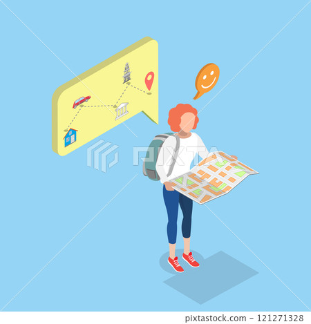 3D Isometric Flat Vector Illustration of Traveler Plans, Organization of Trips Abroad 121271328