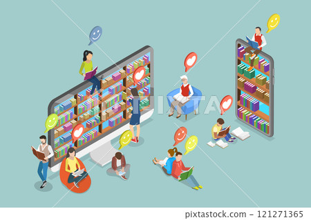 3D Isometric Flat Vector Illustration of Online Education, Digital Library Services 121271365
