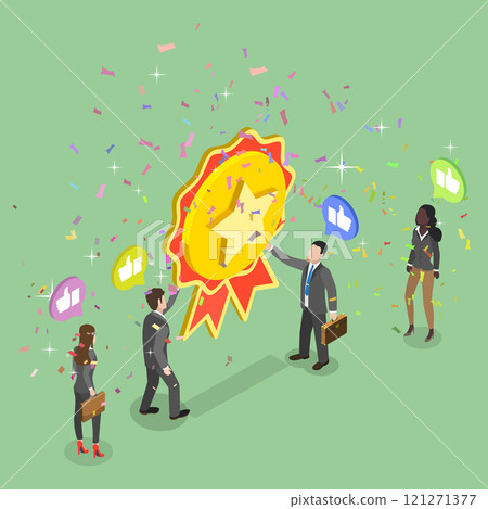 3D Isometric Flat Vector Illustration of Good Successful Teamwork, Employees Celebrate Best Quality Service Achievement 121271377