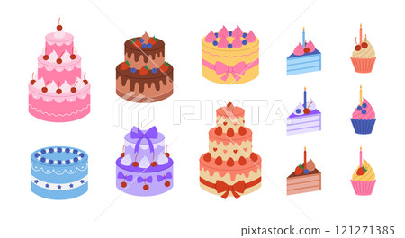Set with colorful birthday cakes, cake slices and cupcakes with candles. Holiday desserts for anniversary, party. Festive confectionery. Vector flat illustration isolated on white background 121271385