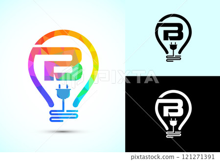 Initial alphabet with an electric bulb and plug. Electricity logo design template low poly style 121271391