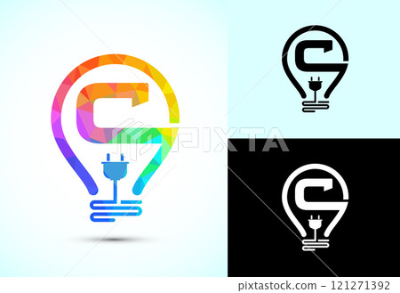 Initial alphabet with an electric bulb and plug. Electricity logo design template low poly style Initial alphabet with an electric bulb and plug. Electricity logo design template low poly style 121271392