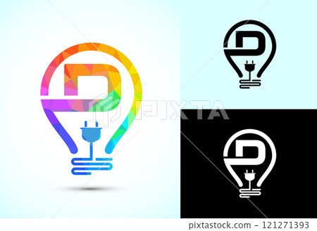 Initial alphabet with an electric bulb and plug. Electricity logo design template low poly style Initial alphabet with an electric bulb and plug. Electricity logo design template low poly style 121271393