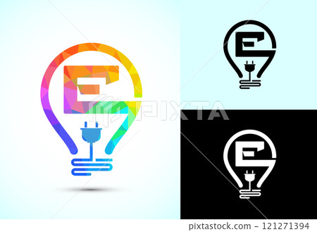 Initial alphabet with an electric bulb and plug. Electricity logo design template low poly style Initial alphabet with an electric bulb and plug. Electricity logo design template low poly style 121271394