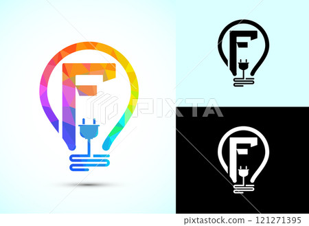 Initial alphabet with an electric bulb and plug. Electricity logo design template low poly style Initial alphabet with an electric bulb and plug. Electricity logo design template low poly style 121271395