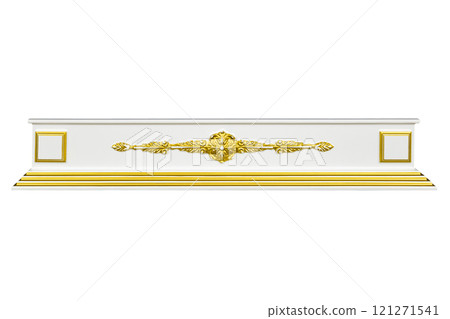 Platband is isolated on a white background. Pattern is golden curlicues. Platband is isolated on a white background. Pattern is golden curlicues. 121271541