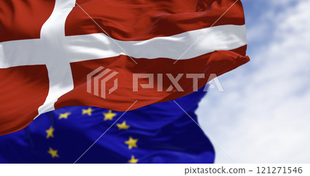 Flags of Denmark and of the European Union waving in the wind 121271546