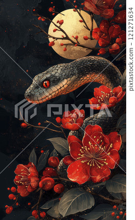 Oriental traditional card with snake, oriental, chinese New Year. AI generative 121271634