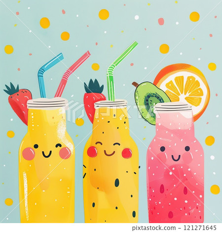 Funny cartoon happy and healthy smoothies. Hand drawn watercolor illustration with fruits on blue background 121271645