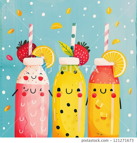 Funny cartoon happy and healthy smoothies. Hand drawn watercolor illustration with fruits on blue background 121271673