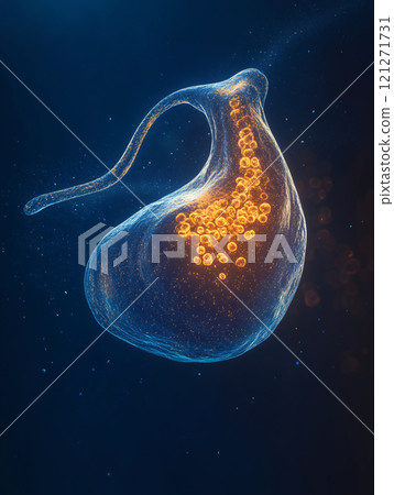 3D medical illustration of the human gallbladder with gallstones forming, against a dark blue background, showing the digestive systems connection. 3D medical illustration of the human gallbladder with gallstones forming, against a dark blue background, showing the digestive systems connection. 121271731