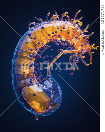 3D medical illustration of the human gallbladder with gallstones forming.A computergenerated image of a worm with purple dots 3D medical illustration of the human gallbladder with gallstones forming.A computergenerated image of a worm with purple dots 121271732