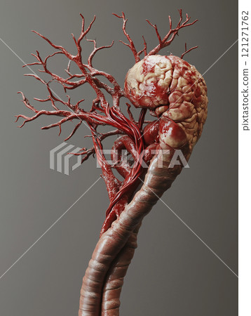 Detailed representation of the aorta in 3D, showcasing its path through the body with clear arterial branches. Detailed representation of the aorta in 3D, showcasing its path through the body with clear arterial branches. 121271762